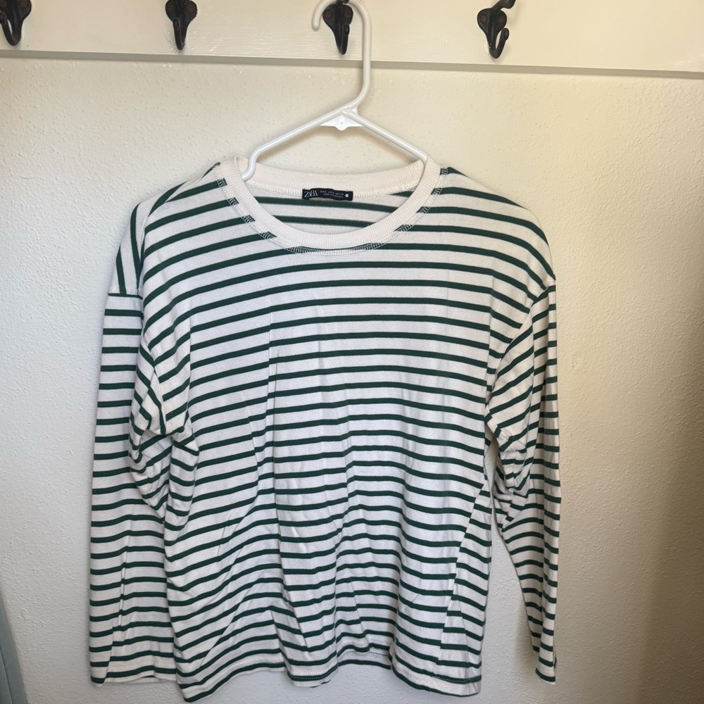 Zara Cream and Green Striped Top